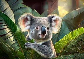 Koala Bär im ein Urwald beim Sonnenaufgang, Koala Bär im tropisch Blätter Porträt foto