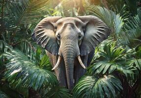 Urwald Elefant Stehen im tropisch Blätter, majestätisch wild Elefant foto