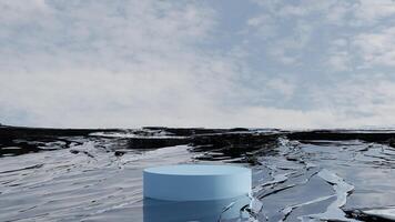 3d gerendert Plattform auf Wellen von Wasser mit Blau wolkig Himmel. realistisch Podium im groß Körper von Wasser mit Tageslicht Beleuchtung. 3d Blau Produkt Stand auf Schwimmbad von Wasser reflektieren das Blau Himmel. foto