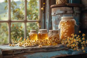 Honig Ernte - - Bienen Bienenstock Honig Krug Bienenwabe - - genießen das Früchte von Bienen Arbeit, von sorgfältig gefertigt Bienenwabe zu Gläser gefüllt mit der Natur golden Elixier, ein Testament zu das Nesselsucht Kopfgeld. foto