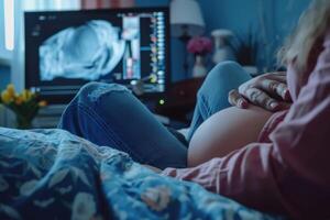 schwanger Frau beim das Ultraschall, Erwartung und Freude wie erwartungsvoll Mütter Erfahrung das magisch Moment von Sehen ihr Babys Bild zum das zuerst Zeit durch Ultraschall Technologie. foto