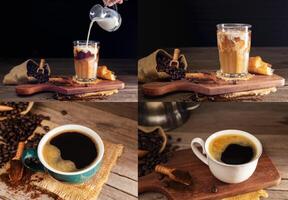 einstellen - - vereist Kaffee und schwarz Kaffee mit Tasse und geröstet Kaffee Bohnen braun Zucker und ein Tasse von heiß Espresso Kaffee eben oben Aussicht auf ein dunkel Hintergrund foto