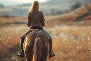 zu Pferd Reiten durch Herbst Felder. Frau Reiten Pferd foto