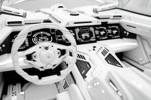 futuristisch Weiß Auto Cockpit mit fortgeschritten Instrumententafel Technologie foto