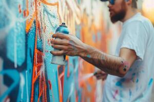 Graffiti Künstler Sprühen hell Farben städtisch Mauer. Straße Kunst foto