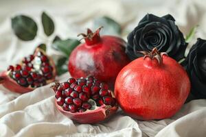 frisch Granatäpfel und dunkel Rosen auf ein Sanft Stoff Hintergrund foto