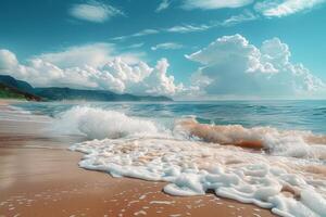 heiter Strand entkommt mit golden Sand, azurblau Gewässer, grün Palmen, und das tanzen von Sonnenlicht auf das Meer foto