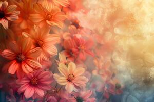 ein beschwingt Anzeige von sortiert bunt Blumen im voll blühen, Erstellen ein lebhaft und heiter Hintergrund foto