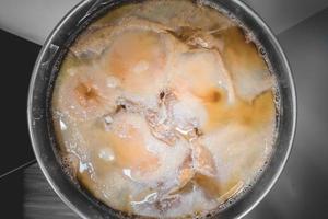 kochender Kombucha Scoby im Metalltopf foto