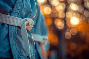 schließen oben von Karate Uniformen mit Weiß Gürtel gebunden um Hälse, verschwommen Hintergrund, Sonnenlicht, warm Farben, Bokeh Wirkung, hoch Auflösung Fotografie foto