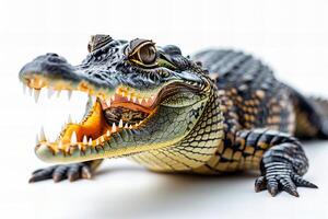 Nahansicht Porträt von ein Alligator, isoliert auf Weiß Hintergrund foto