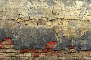 ein breit nahtlos Textur von ein alt, geknackt Mauer mit Mauerwerk und Beton foto
