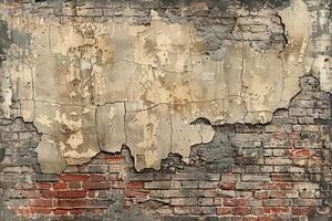 ein breit nahtlos Textur von ein alt, geknackt Mauer mit Mauerwerk und Beton foto