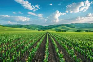 ein grün Kornfeld erweitert gegenüber rollen Hügel unter ein Blau Himmel mit flauschige Wolken foto