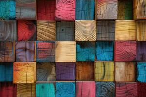 abstrakt Block Stapel hölzern 3d Würfel, bunt Holz Textur zum Hintergrund foto