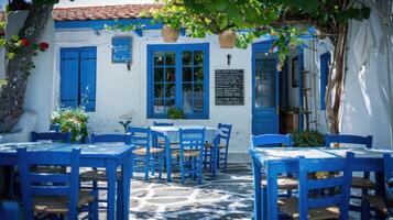 griechisch Kultur mit traditionell Weiß und Blau griechisch die Architektur, Taverne foto