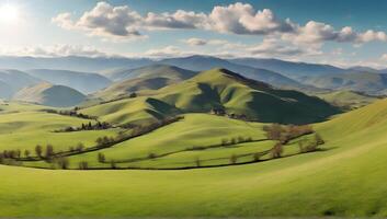 schön Panorama- Ansichten. sonnig Tag. schön Frühling Aussicht im das Berge. grasig Felder und Hügel. foto