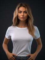 schön jung Frau im leer Weiß T-Shirt spotten hoch. foto