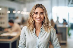 Porträt von lächelnd Geschäftsfrau im das Büro Hintergrund foto
