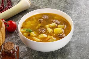 Suppe mit Rindfleisch Frikadelle und Gemüse foto