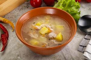 hausgemacht Hähnchen Suppe mit Gemüse foto