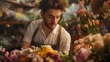 Mann wählen Pflanzen im Floristik Geschäft zum Veranstaltung Blume arrangieren foto