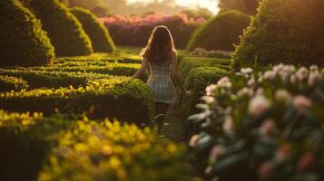 ein glücklich Frau spazieren gehen durch ein natürlich Landschaft Garten im ein Weiß Kleid foto