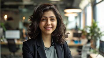 zuversichtlich indisch Geschäftsfrau lächelnd im modern Büro, Fachmann Porträt, korporativ Umfeld, Arbeitsplatz Vielfalt foto