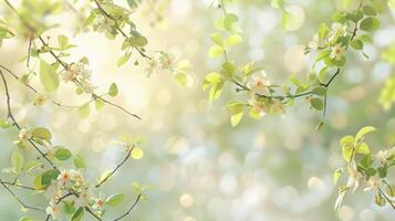 Zweig mit Weiß Blumen und Grün Blätter unter das Sonne im natürlich Landschaft foto