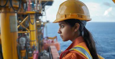 ein Ingenieur mit ein schwer Hut ist Arbeiten auf ein Off-Shore Öl rig im das Meer foto