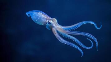 elektrisch Blau Tintenfisch schwimmt unter Wasser im Ozean unter Zooplankton und cnidaria foto
