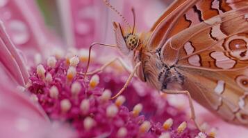 schließen oben von ein Schmetterling, ein Bestäuber Gliederfüßer, auf ein Rosa Blume foto