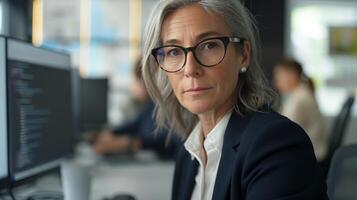 ein Frau mit Brille sitzt beim ein Computer im ein Angestellter Büro Gebäude foto