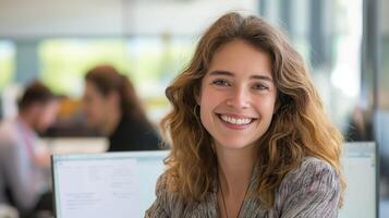 heiter jung Fachmann Frau im modern Büro Einstellung, Ideal zum korporativ Projekte und Geschäft Kampagnen foto