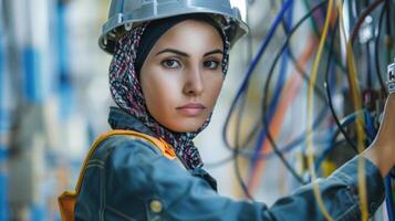 ein Frau im ein Hijab und schwer Hut Arbeiten auf ein Maschine foto