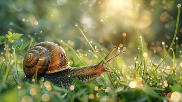 ein Schnecke bewegt sich durch Gras auf ein sonnig Tag im ein natürlich Landschaft foto