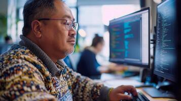 ein Mann tragen Brille sitzt beim ein Schreibtisch mit ein persönlich Computer und Monitor foto