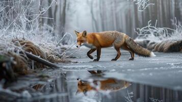 ein rot Fuchs Kreuze ein gefroren Fluss im es ist natürlich Landschaft foto