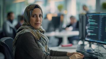 Naher Osten weiblich Entwickler im ein Büro Rahmen foto