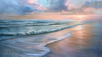 ein Strand Gemälde mit abstürzen Wellen beim Dämmerung, unter ein Sonnenuntergang Himmel foto