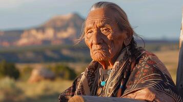 Alten einheimisch amerikanisch Mann mit traditionell Decke im szenisch südwestlich Landschaft zum kulturell und Erbe Projekte foto