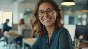 glücklich Geschäftsfrau im modern Büro, vielfältig Mannschaft Zusammenarbeit, Fachmann Arbeit Umgebung zum korporativ Erfolg foto