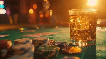 Poker Nacht Ambiente mit Whiskey und Poker Chips auf Grün fühlte Tabelle im schwach zündete Zimmer foto