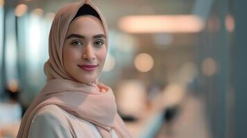 zuversichtlich Mitte östlichen Geschäftsfrau im Hijab lächelnd beim das Kamera im modern Büro Rahmen foto