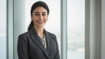 Fachmann Geschäftsfrau im formal Anzug, zuversichtlich lächeln, modern Büro Hintergrund, korporativ Führung, Lager Foto zum Geschäft, Marketing, branding