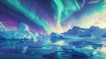 Aurora Borealis leuchten Arktis Berge, Eisberge, und schneebedeckt Landschaft foto
