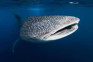 unter Wasser Schuss von ein Wal Hai mit Stelle Muster im Blau Ozean foto