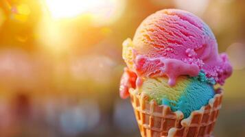 Nahansicht von ein Regenbogen Eis Sahne Kegel mit natürlich Obst Zutaten foto