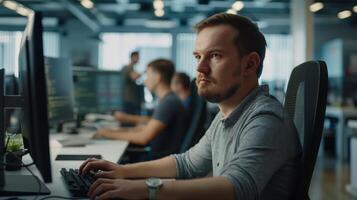 ein Mann beim ein Büro Schreibtisch, Sitzung im Vorderseite von ein Computer Monitor und Tastatur foto