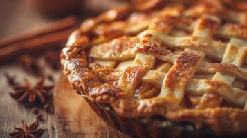 schließen oben von ein köstlich Apfel Kuchen auf ein rustikal hölzern Tabelle foto